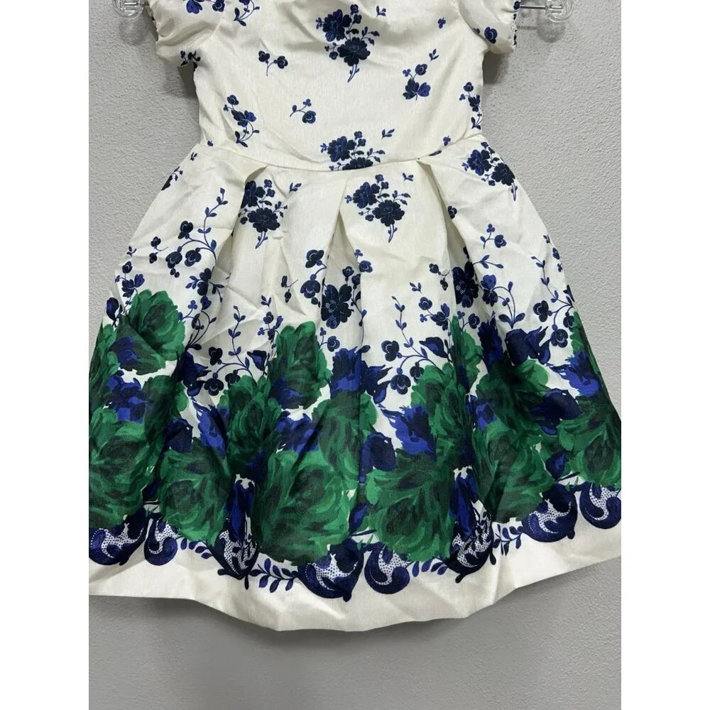 Janie & Jack Floral Dress Sz 3 Satin Ivory Blue & Green Formal Occasion Holiday